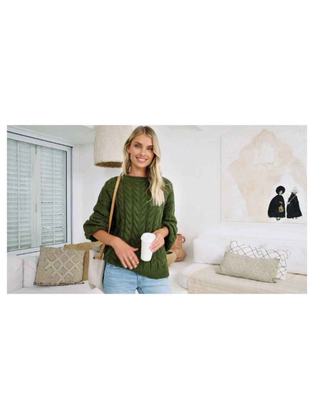 Oversized Cable Knit Sweater Balloon Sleeve Crew Neck Pullover - Picture 6 of 6